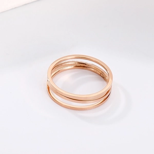 Detailed view of triple-layered rose gold titanium steel ring with polished finish