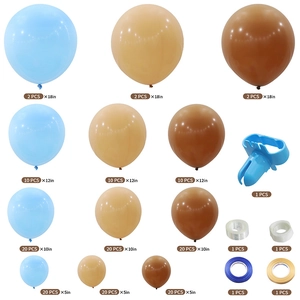 Detailed view of balloon arch kit including blue, beige, and brown balloons with tools