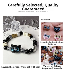 Detailed view of 18mm acrylic cute cat head beads and assorted DIY bracelet accessories