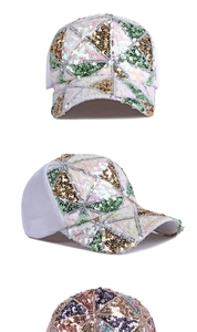 Detail of colorful sequin geometric patterns on a breathable mesh baseball trucker cap
