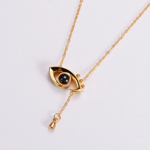 Golden Angel Eye memory necklace with Love engraving and central black projection stone