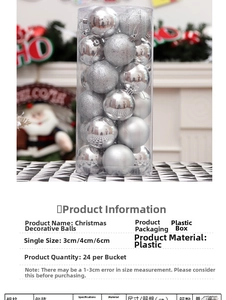 Set of 24 silver Christmas ornaments in glitter, matte, and glossy finishes in clear box