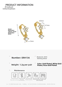 Detail of S925 sterling silver hoop earrings with zirconia flower and size measurements