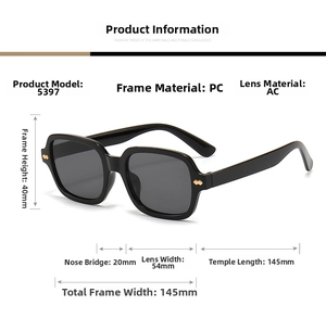 Detailed size specifications for rectangular sunglasses with gold bow hinge accents