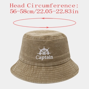Detail view of khaki washed cotton bucket hat showing captain embroidery and head size guide