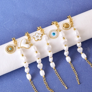 Bracelet Künstliche Perles Baroques Acier Inoxydable Chaîne Plaqué Or Künstliche Perles Irrégulières Cœur Fleur Mauvais Œil Arbre De Vie Pendentifs