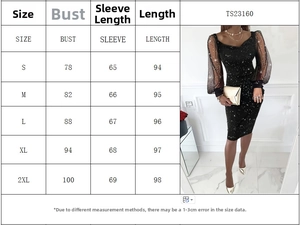 Size chart for the elegant V-neck mesh sleeve evening dress with detailed measurements