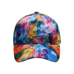 Detailed view of colorful tie-dye baseball cap with vibrant leaf and feather pattern