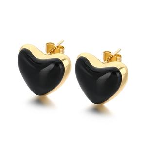 Elegant gold plated heart earrings with polished black enamel finish for women