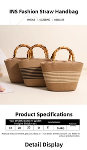 Detailed dimension guide for woven straw handbag with bamboo handles and striped texture