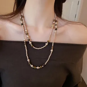 Collana A Doppio Strato Con Künstliche Perle Di Vetro E Pietra Occhio Di Tigre Catena Lunga Maglione Accessorio Retro Elegante Donna