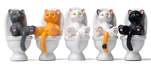 Set of five cartoon cats on miniature toilets for desktop landscape decoration
