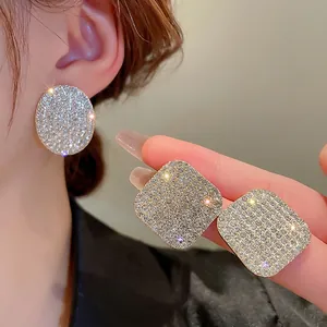 Large Geometric Stud Earrings Alloy Rhinestone Pave With Silver Earring Post Luxury Fashion Jewelry For Women
