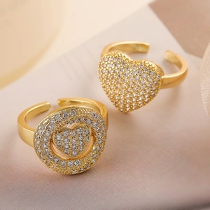 Heart Shaped Copper Ring Micro Pave Cubic Zirconia Gold Plated Luxury Fashion Minimalist Open Adjustable For Women