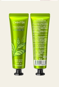 Detailed view of Green Tea Hand Cream packaging with ingredients and 30g net weight