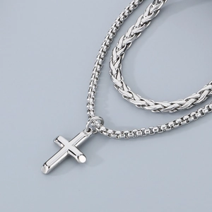 Silver double-layered Cuban chain necklace with a minimalist cross pendant for men