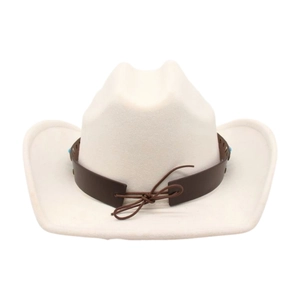 Detail view of the white western cowboy hat with brown leather band and textured felt material