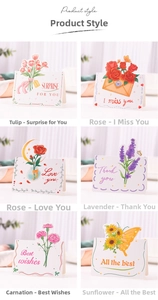 Selection of 3D pop-up flower cards featuring tulips, roses, and sunflowers on white