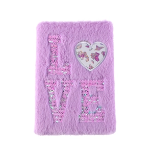 Cute purple plush cat notebook featuring sequined LOVE letters and heart on the cover