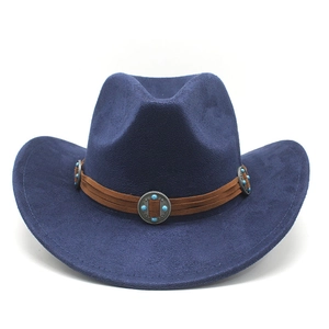Detail of dark blue suede fedora featuring brown leather band and turquoise metal studs