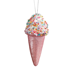 Pink ice cream cone Christmas tree ornament with colorful sequins and glitter hanging