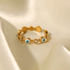 18K gold plated evil eye adjustable open ring with white zircon stones for women