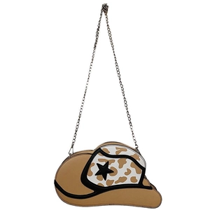 Detail of cow-print cowboy hat shaped chain bag featuring a black star and PU leather