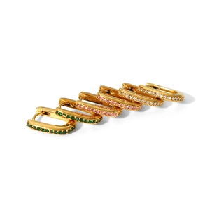 Three pairs of 18K gold plated stainless steel U-shape hoop earrings with colorful zircons