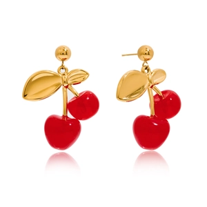 Sweet 18K gold plated stainless steel cherry drop earrings with red resin pendants