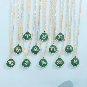 Zodiac Sign Pendant Necklace Stainless Steel Gold Plated Green Imitation Malachite Rhinestone Constellation Jewelry Women