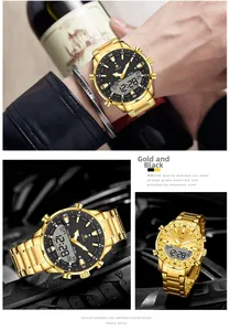Detail of dual-display quartz watch with luminous gold stainless steel band and dual time zone