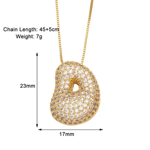 Size diagram of gold letter necklace with 45+5cm chain and 23mm x 17mm zircon pendant