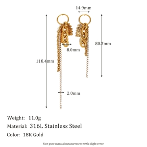 Detailed view of 18K gold plated stainless steel asymmetrical tassel earrings with dimensions