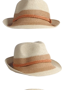 Detail of two-tone straw sun hat featuring orange woven rope and beige braid texture