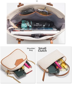 Detailed view of large tote interior pockets and 3-piece bag set storage capacity