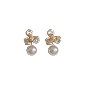 Gold plated flower petal pearl drop earrings with elegant s925 silver needle for women