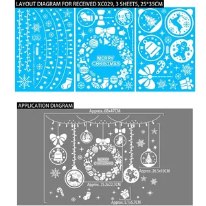Detail of Christmas window clings showing 3 blue sheets with snowflakes and reindeer