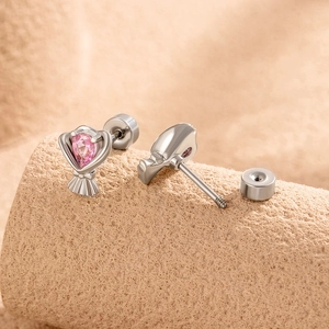 Silver flower heart stud earrings with pink gemstone and screw-back closure design