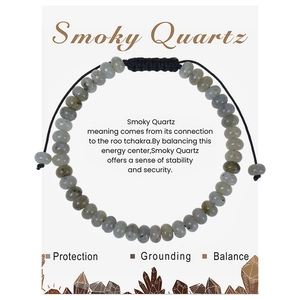Detail of Smoky Quartz beaded bracelet with adjustable cord and grounding meaning card