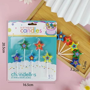 Five-piece colorful star-shaped birthday candles set with plastic sticks and pink packaging