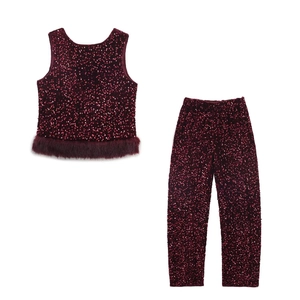Luxury Women Sequin Sleeveless Top And Straight Leg Pants Set Faux Fur Hem Sparkly Party Evening Club Top And Bottom Outfit