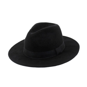 Classic black wool felt fedora with wide brim and ribbon trim on white background