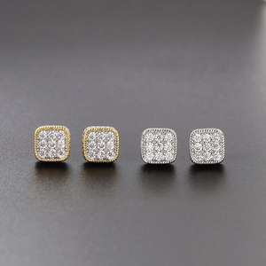 Square hip hop stud earrings with gold and silver plating featuring full zircon micro-paving