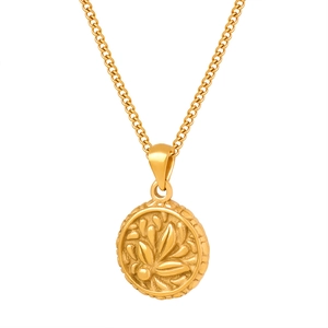 Vintage gold circle flower pendant necklace with embossed plant leaves on white background