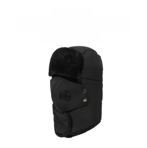 Detail of winter trapper hat with windproof fabric, faux fur lining and face mask