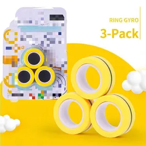 Three yellow magnetic ring gyros with black center spin axis in original packaging