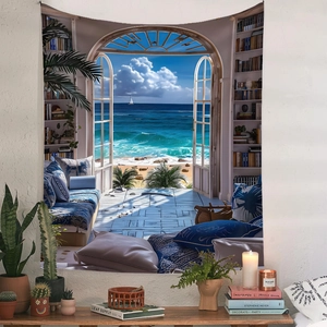 Detail of bohemian wall tapestry featuring a high-quality sea view and library print