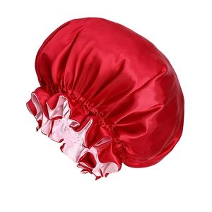 Cuffia da notte extra large in raso a doppio strato rosso e rosa con bordo a balze