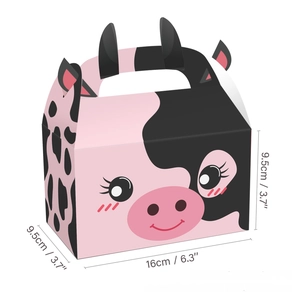 Detailed view of the cartoon cow gift box showing its 16x9.5x9.5cm dimensions and handle