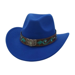 Detail of royal blue felt cowboy hat featuring leather band with floral metal buckle